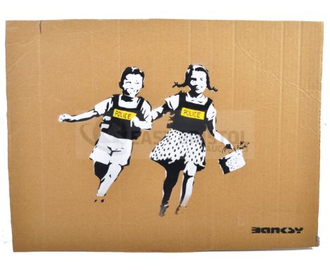 BANKSY - Dismaland, 2015Jack And Jill (Police Kids)Hand sprayed stencil graffiti on cardboard Ed. 9/10Reverse in marker: smil