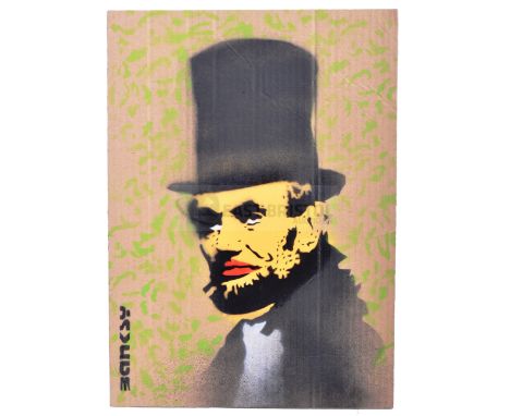BANKSY - Dismaland, 2015Abe LincolnHand sprayed stencil graffiti on cardboard Ed. 4/5Reverse in marker: smiley face - Enjoy Y
