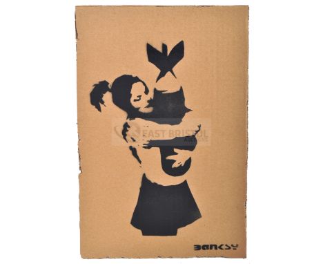 BANKSY - Dismaland, 2015Bomb HuggerHand sprayed stencil graffiti on cardboard Ed. 27/100Reverse in marker: smiley face - Enjo