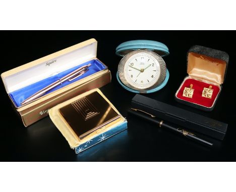 Mixed Lot Comprising Smiths Empire Travel Clock, Max Factor Compact, Boxed Biro Squire, Raffles Pen And Gents Cufflinks 