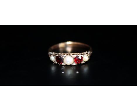 9ct Gold Ruby And Pearl Ring, Stamped 9ct Rubbed, Ring Size K, Weight 2.6g