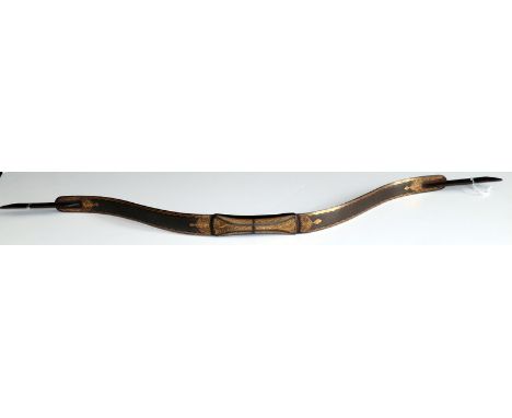 Middle Eastern Damascus Steel/Iron Hunting Bow, Length 30 Inches, Inlaid In Gold With Arabesque Patterns Of Traditional Style