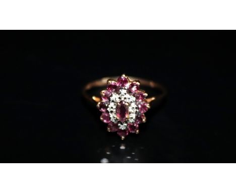 Ladies 9ct Gold Diamond And Ruby Dress Ring, Ring Size R 1/2, Weight 2.4g 