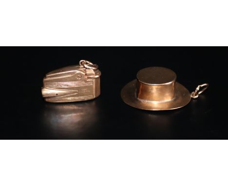 Two 9ct Gold Charms Comprising A Top Hat And Lighter, Both Fully Hallmarked, Weight Approx 2.9g, Hat Length 23mm