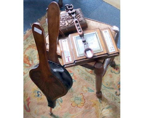 Misc Cottage Ware, Comprising Rush Seated Stool, Oak Bellows, Carved Box, Carved Welsh Loving Spoon &amp; A Barometer