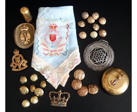 Mixed Military Lot, To Include Trench Lighter, Buttons, Cap Badges, Etc 