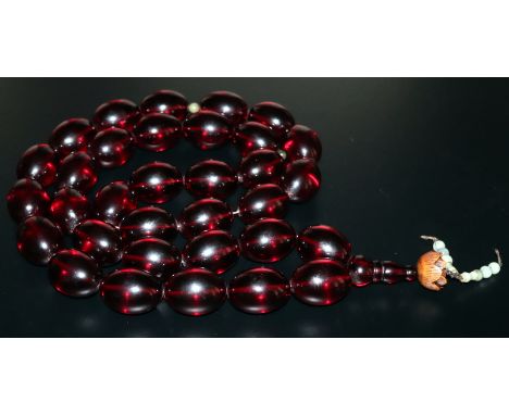 Tibetan Buddhist Cherry Amber Coloured Beaded Necklace, Of Extremely Large Size, Each Bead Approx 1.5 inch x 1 Inches, Restru