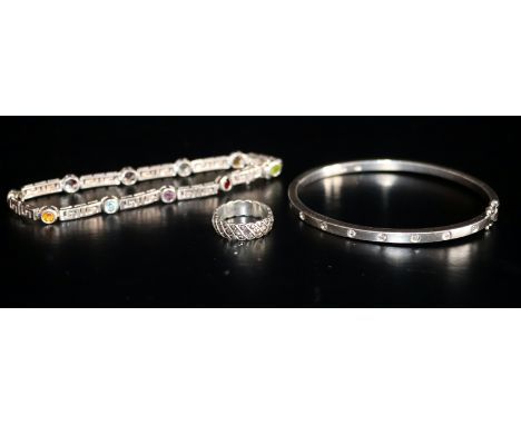 Three Pieces Of Silver Jewellery Comprising Hinged Bangle, Gem Set Bracelet And Marcasite Set Ring, All Marked For Silver, We