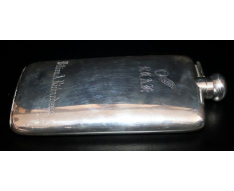 WWII Period Canadian Silver Hip Flask, Canadian RAF, Stamped BIRKS STERLING, 378.5 Grams Total Weight 