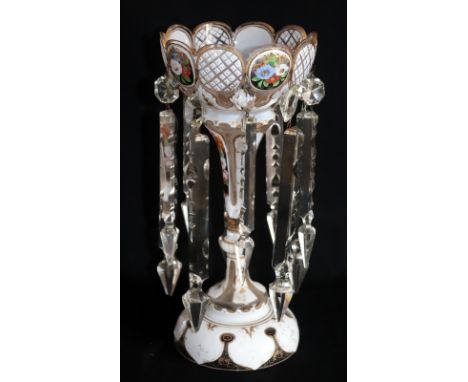 Single Venetian White Overlaid Glass Lustre Vase, With Crystal Glass Prisms, Decorated To The Body With Floral Enamel Decorat