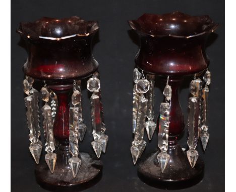 Pair Of Ruby Glass Lustres, Of Typical Form With Faceted Prisms, Height 11 Inches
