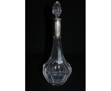 Large Silver Collared Glass Decanter, Stamped 800, Height 14.5 Inches