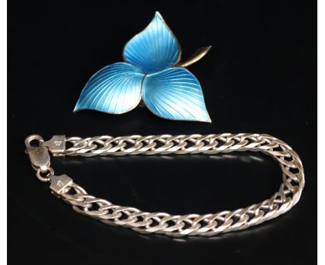 Norwegian Gilt Silver Enamelled Leaf Brooch, Blue Guilloche Enamel, Marked To Back 925H Sterling Norway 55 x 46mm, Together W