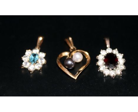 18ct Sapphire And Diamond Pendant, 9ct Gold Topaz & White Stone Pendant, And 1 Hallmarked 9ct Gold Pearl Pendant 