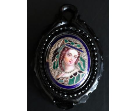19thC Carved Jet Pendant, With Applied Enamel Silvered Plaque Depicting A Medieval Noblewoman, 62 x 43mm