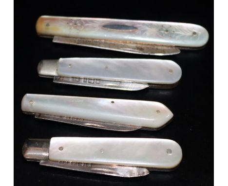 4 Silver And Mother Of Pearl Penknives, All Fully Hallmarked 