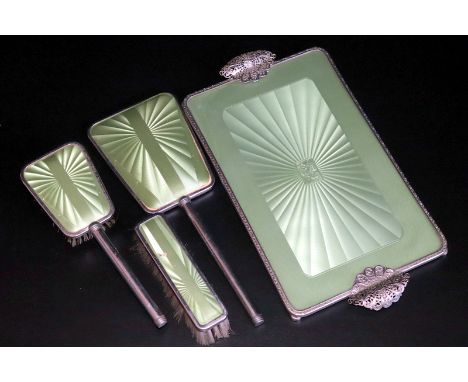 Art Deco Guilloche Enamel Vanity Set, Comprising Mirror, Brushes And Tray 