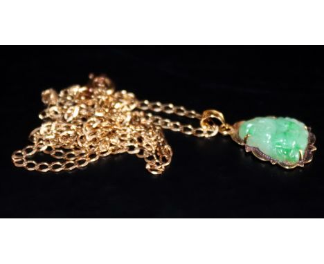 Chinese Gold Mounted Jade Buddha Pendant, Chop Mark To Bale, Suspended On A 9ct Gold Chain. 