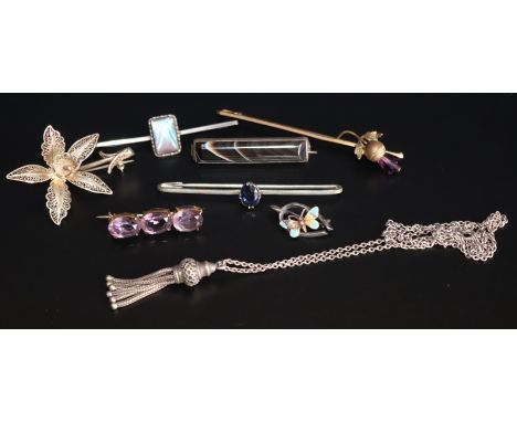 Small Mixed Lot To Include A Silver Tassel Design Necklace, Silver And Enamel Butterfly Brooch By ALLd, Silver Butterfly Wing