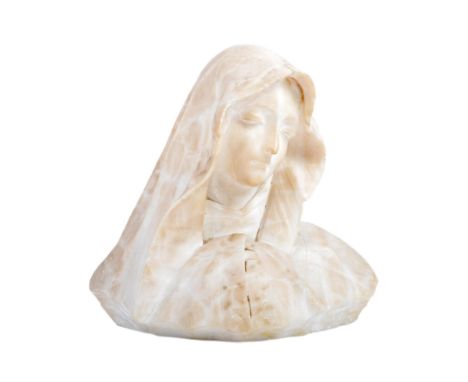 A 19th century white marble alabaster carved portrait bust depicting Mary The Mother or the Madonna. The figure modelled in s