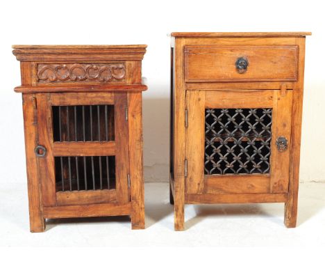 Two retro vintage late 20th century Mexican pine bedside cabinets / night stands. Of rectangular form, each having a lower cu