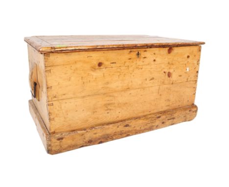 A Victorian 19th century rustic pine blanket box chest. Of typical rectangular form with plinth banded base, plain panel side