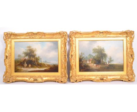 A pair of 19th century oil on panel paintings each depicting 'Rural Landscape' scenes. Both by 'Edward Williams' (1782 - 1855