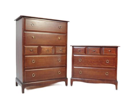 A retro vintage mid 20th century Stag Minstrel cherry wood chest of drawers of rectangular form with a flared top having four