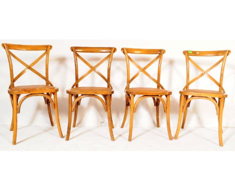 A set of 20th century French cafe bentwood Provence bistro dining chairs. Turned legs with upper peripheral stretchers having