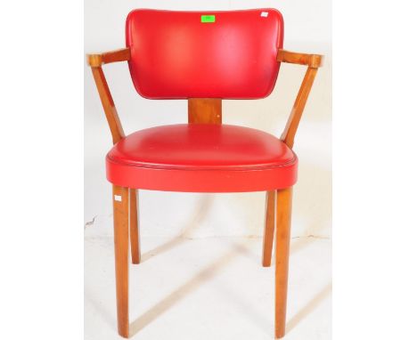 A vintage retro mid 20th century circa 1950’s bridge chair - armchair. The chair having red vinyl upholstery with curved beec
