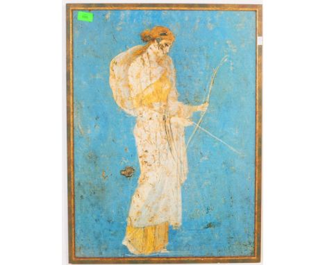 A 20th century print painting to depict a classical robed figure against a blue background, holding a bow and arrow. Framed. 