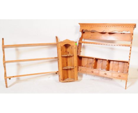 Two vintage 20th century country pine wall hanging plate racks / display book shelves, along with a wall hanging corner cabin