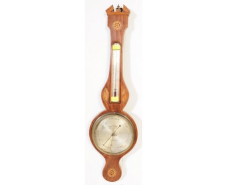 19th century William IV mercury wheel barometer with a rosette inlaid broken pediment and correspondingly inlaid round base, 