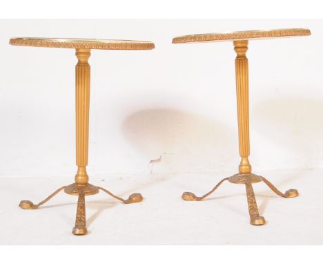 Pair of 1950's gilt metal and marble pedestal lamp - light side tables. Gilt rococo metal splayed leg bases with columns risi