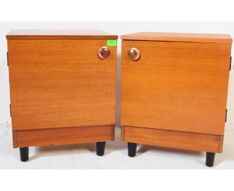Avalon - A pair of retro vintage mid 20th century circa 1960s teak Avalon bedside cabinets, each having a single door with wo