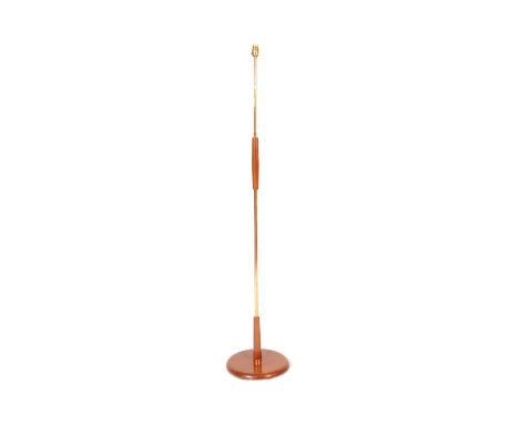Mid Century, vintage retro 1960's teak and copper standard lamp, having a circular base, teak sections to base and centre of 