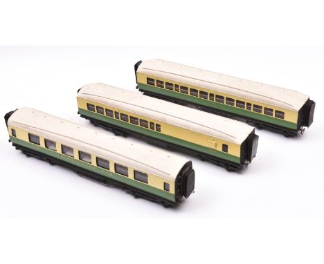 3x O gauge coarse scale LNER corridor coaches. Kit-built bogie coaches with brass etc bodies on wooden chassises. A Restauran