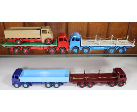 5 well restored Commercial Dinky Toys. Foden FG Flatbed Wagon. Red cab and chassis with mid green body and red wheels. 2x Fod