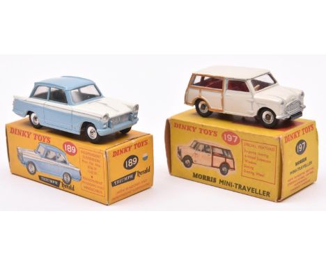 2 Dinky toys. Triumph Herald (189). In pale blue and white. Plus a Morris Mini Traveller (197). In cream with 'wood' effect a