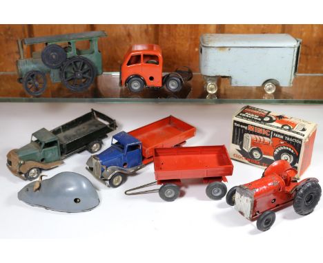 6x Tri-ang Minic clockwork commerical vehicles etc.  Farm Tractor &amp; Trailer (83M) in red, both with diecast wheels. (Trac