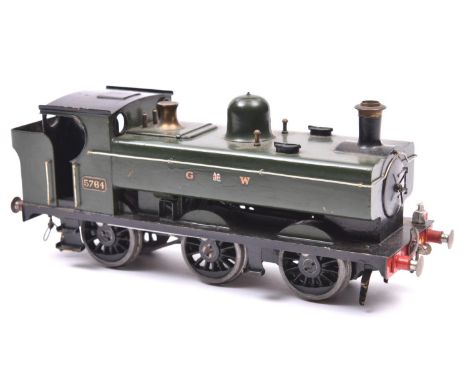 An O gauge coarse scale GWR 57xx 0-6-0PT locomotive for 3-rail running. A kit-built brass loco in unlined green livery, 5764,