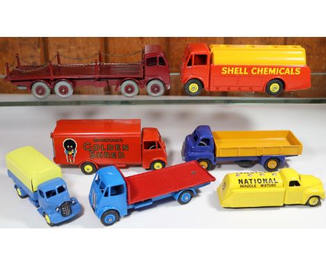 7 well restored Commercial Dinky Toys. Guy Van in bright red Golden Shred livery, with yellow wheels. Foden FG Chain Lorry in