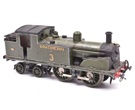 An O gauge coarse scale Southern Railway Class T1 0-4-4T locomotive for 3-rail running. A kit-built brass loco in lined green