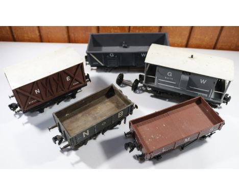 5x Gauge One coarse scale kit-built freight wagons. A GWR guard's van. An NER box van. A GWR open coal wagon. A NBR 5-plank o