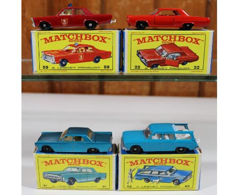 4 Matchbox Series. Pontiac GP Sports Coupe No.22. In red with pale grey interior and black wheels. Lincoln Continental No.31.