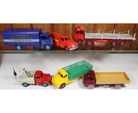 6 well restored Commercial Dinky Toys. Foden FG Chain Wagon. Red cab, chassis and wheels, with light grey loadbed. A Guy Van 