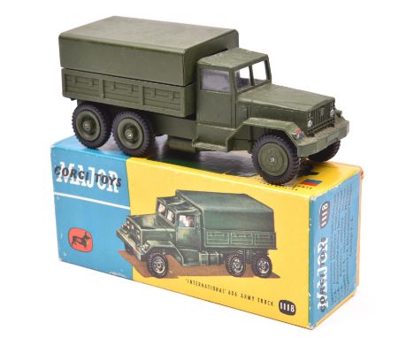 Corgi Major Toys International 6x6 Army Truck (1110). In olive green, complete with tin tilt. Boxed. Vehicle VGC some cleanin