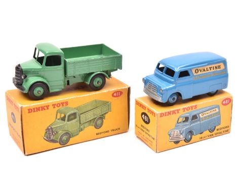 2 Dinky Toys. Bedford Truck (411). In mid green with mid green wheels and black tyres. Plus a Bedford 10CWT Van 'Ovaltine' (4