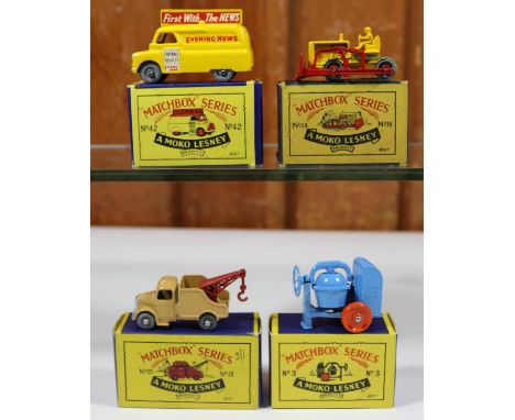 4x Matchbox Series. Cement Mixer (3a) in light blue with orange metal wheels. Bedford Wreck Truck (13a) in tan with red crane