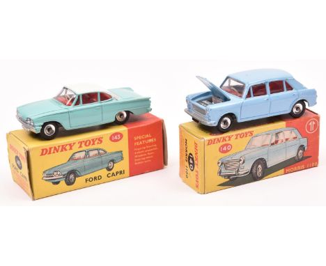 2 Dinky Toys. Ford Capri (143). In turquoise with white roof and red interior. Plus a Morris 1100 (140) in pale blue with red